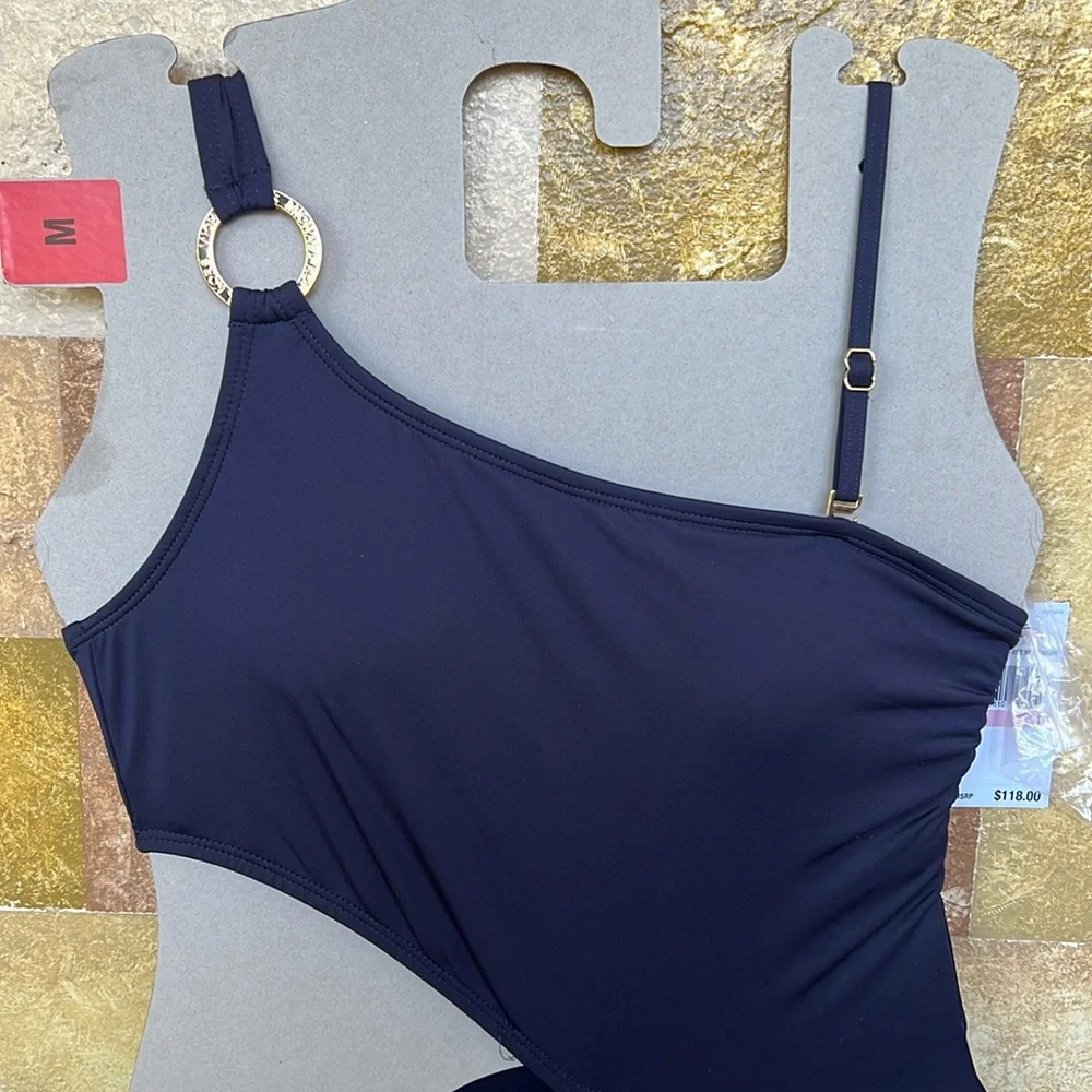 NEW Michael Kors One Shoulder O-Ring Blue Cut-Out One Piece Swimsuit, Size 10